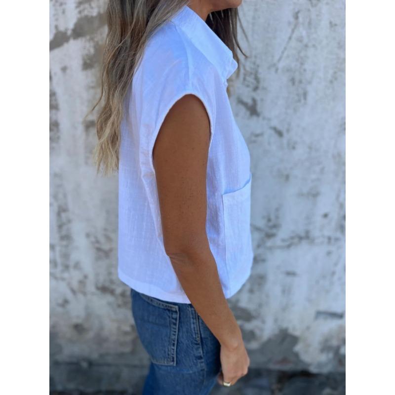 Women Summer Solid Loose Casual Short Sleeve Button Pocket Turn Down Collar Shirt
