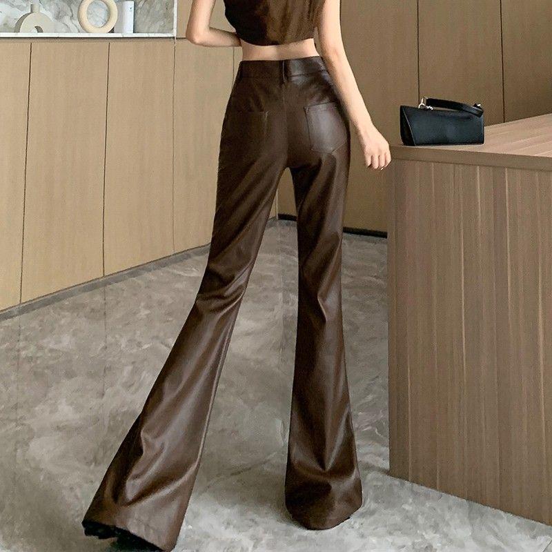 Women's Plus Size Retro High Waist PU Leather Flare Pants (Korean Style, 2026 Spring/Autumn)