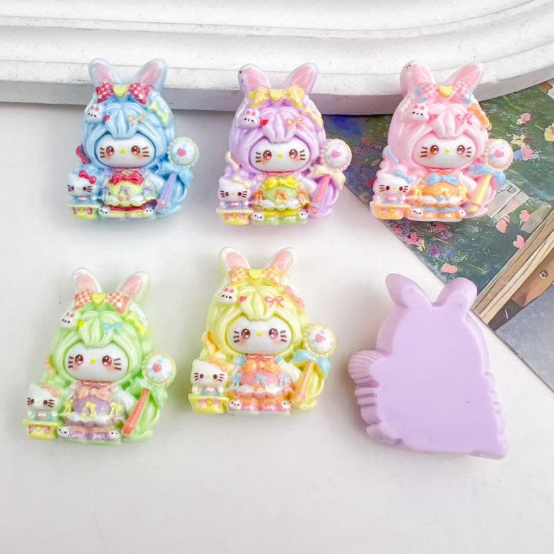 Cute Cartoon Bunny Ears & Cat Resin Accessories: Handmade DIY Ornaments for Hair, Keychains, and Pendants