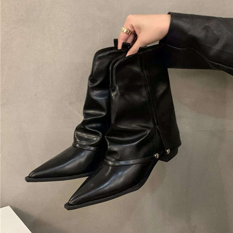 Thick Heel Pointed Pants Boots Fried Street Short Boots Women's Shoes Spring and Autumn New Summer Brown Western Cowboy Boots