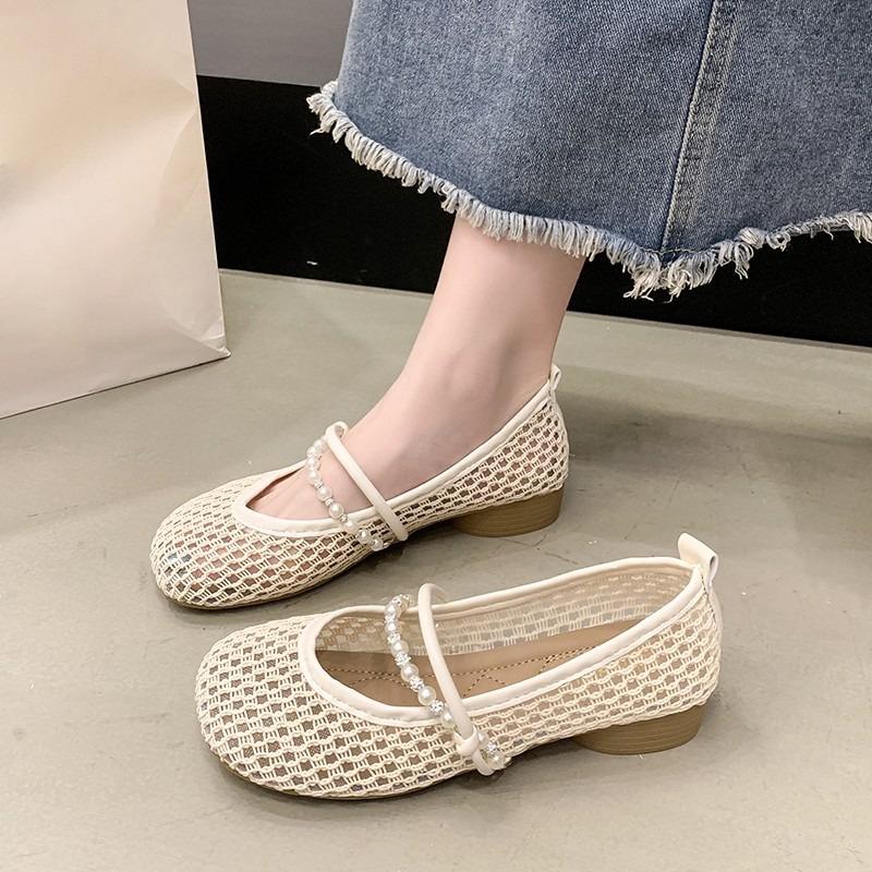 Fashion Slip-on Chunky Single Mary Jane Women's Sandals 2025 New Summer French Cutout Woven Low Heel Mesh Shoes