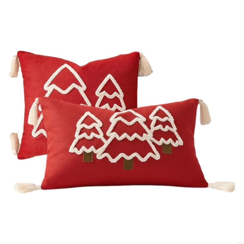 2Pieces Festival Embroidery Pillow Cover Cotton Linen Fabric Soft Breathable For Christmas Seasonal Decoration