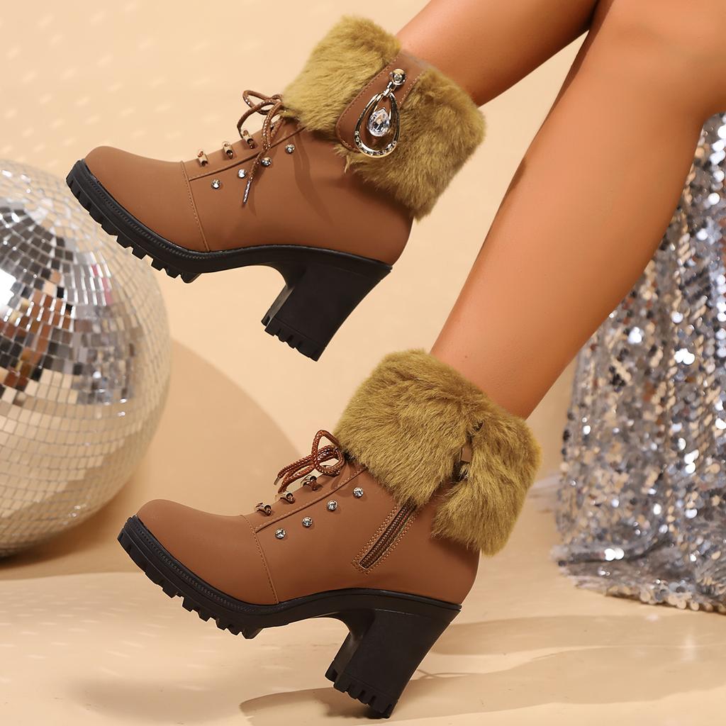 Rhinestone Wool Top High Heel Fashion Boots Autumn and Winter New Style Zipper Large Size Women's Boots Thick Heel Knight Boots
