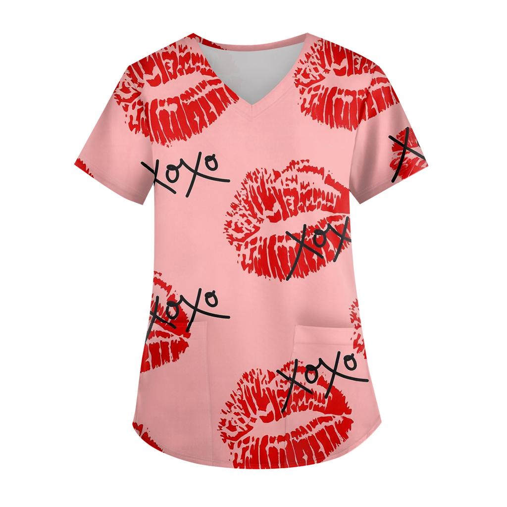 Ladies' Valentine's Day Printed Fashionable V-neck Pocket Short Sleeved Uniform And Caregiver Top