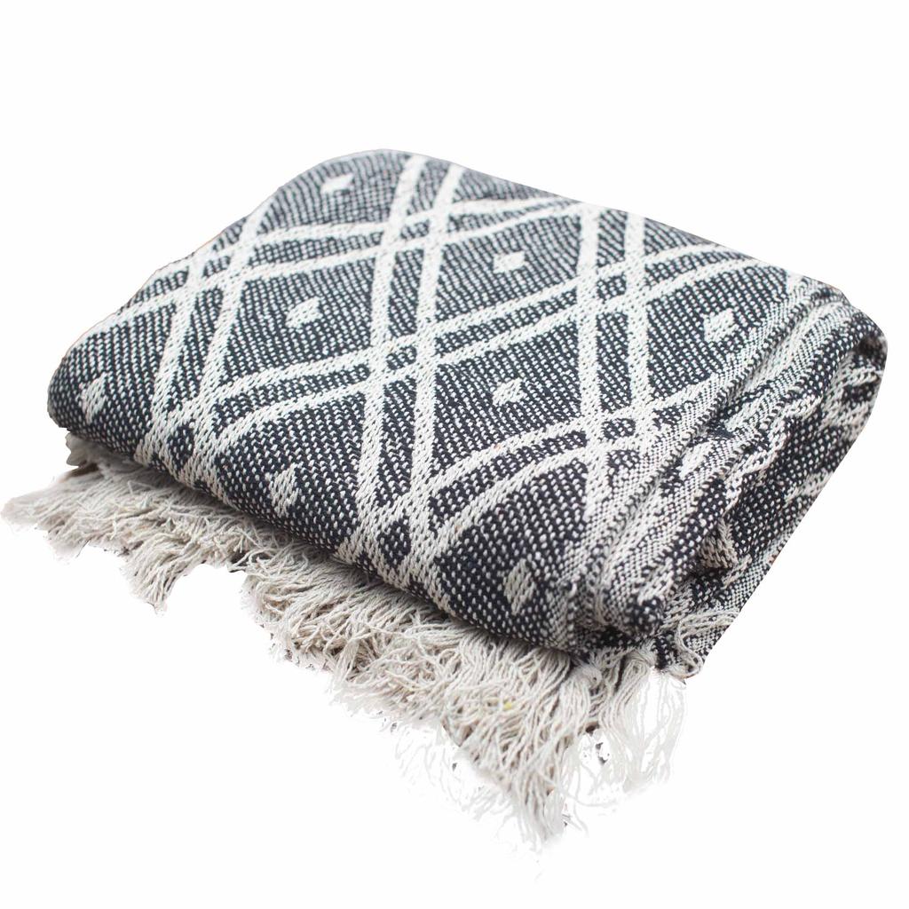 Cotton Throw Blanket Boho Black Beige Regency 125x150cm