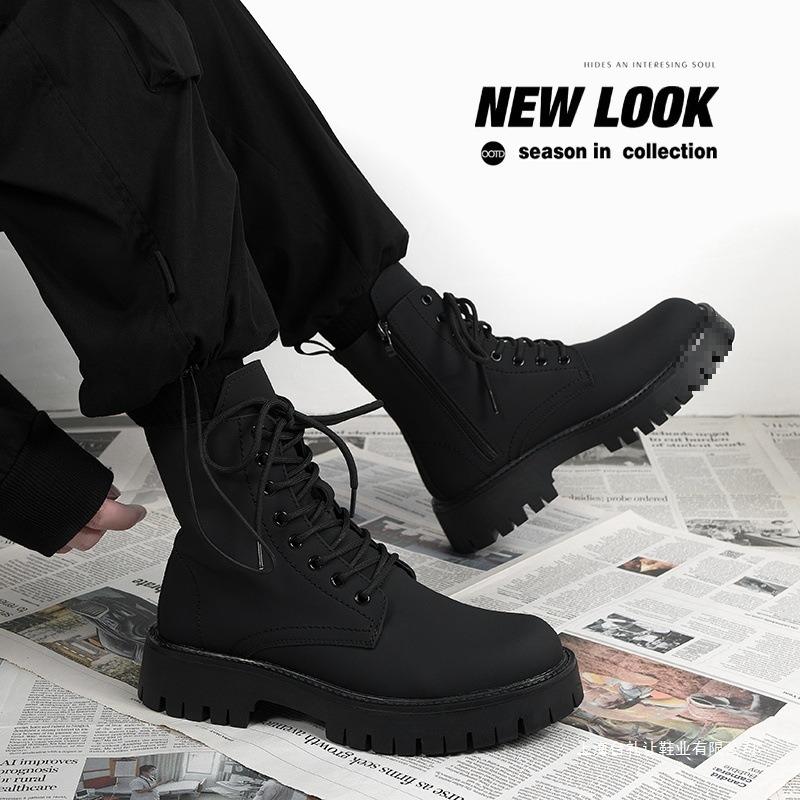 Martin Boots Men's Black High-top Leather Shoes 2 New Medium-top Locomotive Boots Boys Heightening Leather Boots