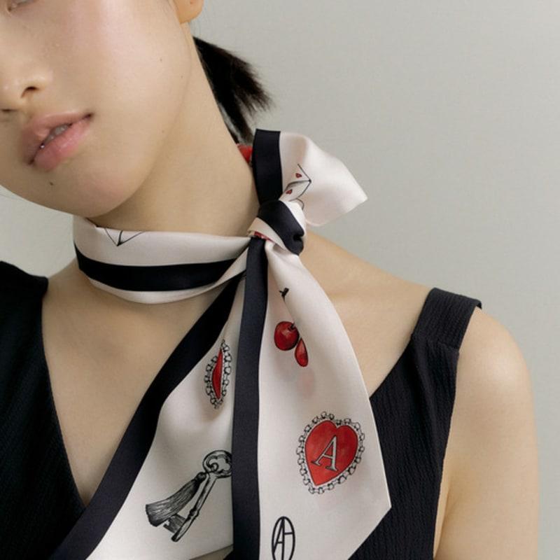 AVVINA PELLE Cherry Charm Long Twilly Silk Scarf - Cream