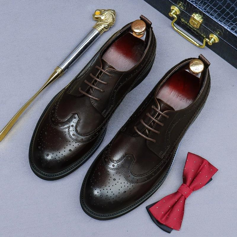 Retro Genuine Cow Leather Men Brogues Shoes Thick Sole Wedding Business Men Casual Flats Vintage Handmade Oxford Shoes for Men