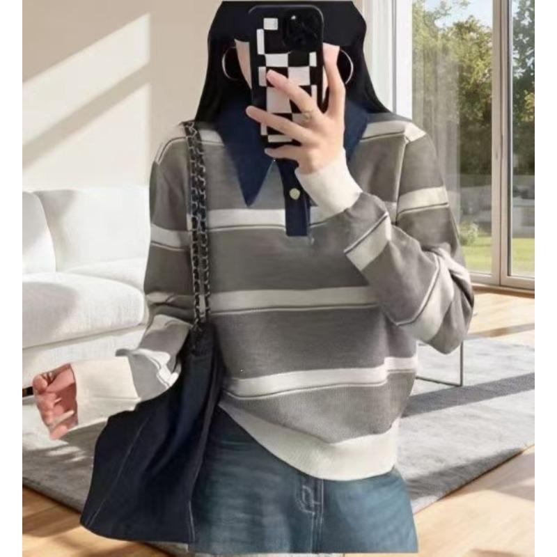 Women S Korean Retro Color Block Striped Pullover Sweater