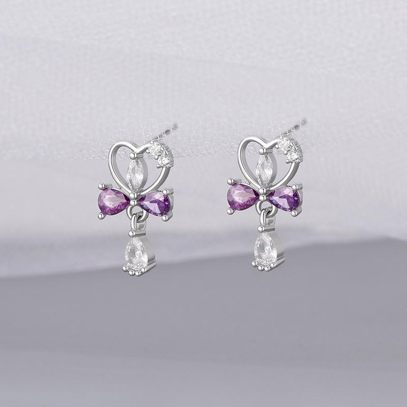 

2024 Sparkly Purple Heart Teardrop Earrings with Diamond Studs for Women