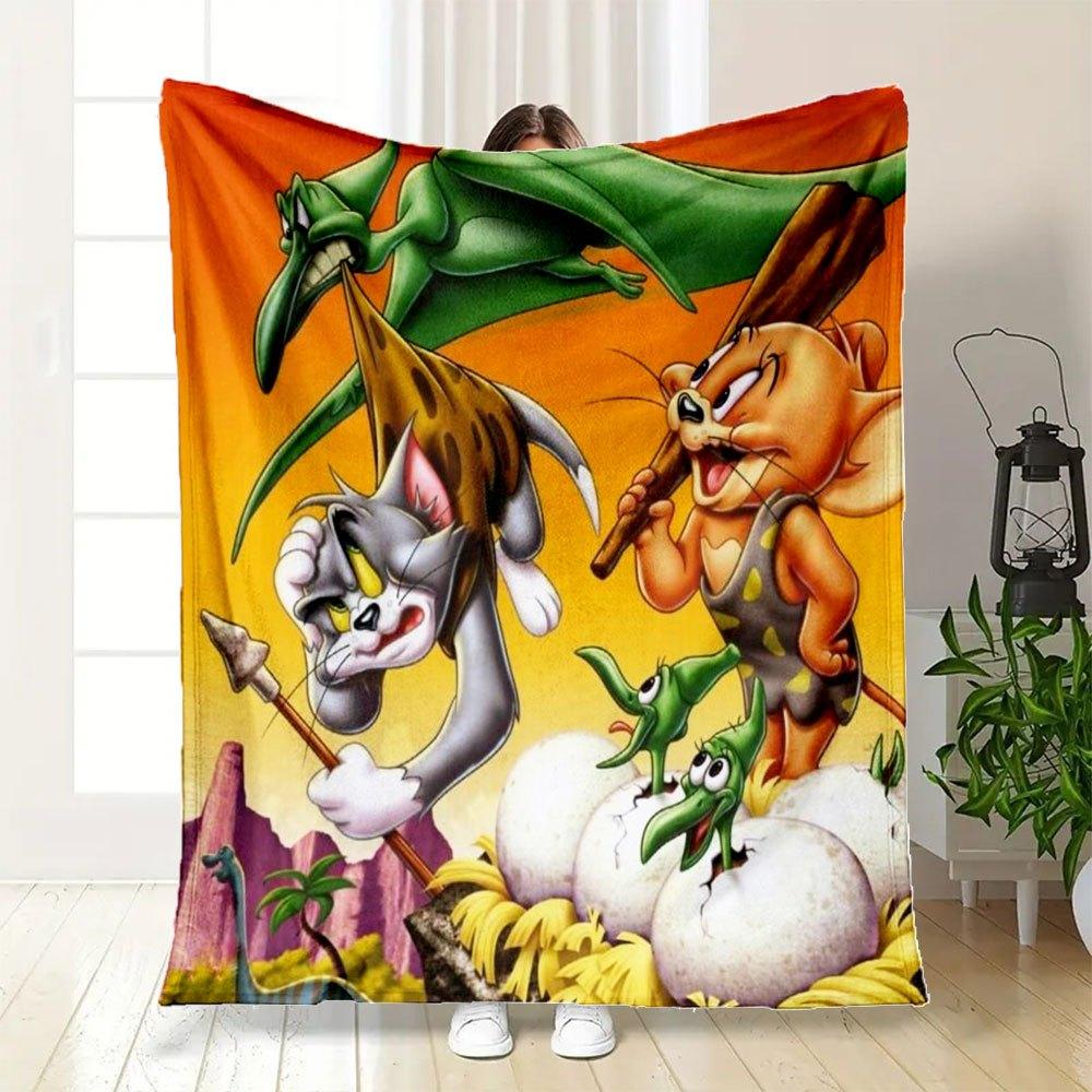 "Prehistoric Fun: Tom & Jerry's Dino Adventure Poster Print"Blanket Flannel Throw Blanket for Sofa, Bed, Travel, Camping, Office