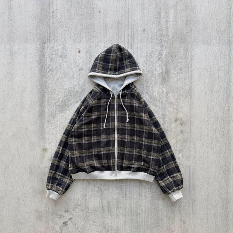 Reversible Plaid Letter Hooded Zip Sweatshirt Vintage Casual Men Women Loose Fit Winter Wear