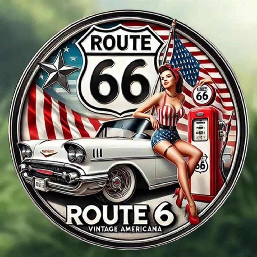 Vintage Route 66 Metal Tin Sign 8 Inch Round Car Wall Decor