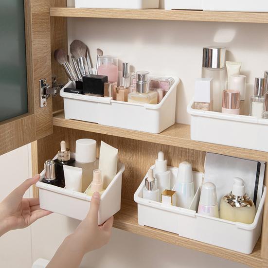 Cosmetic Storage Box for Mirror Cabinet Adjustable Cosmetic Organizer with 3 Compartments Slim Expandable Makeup Brush