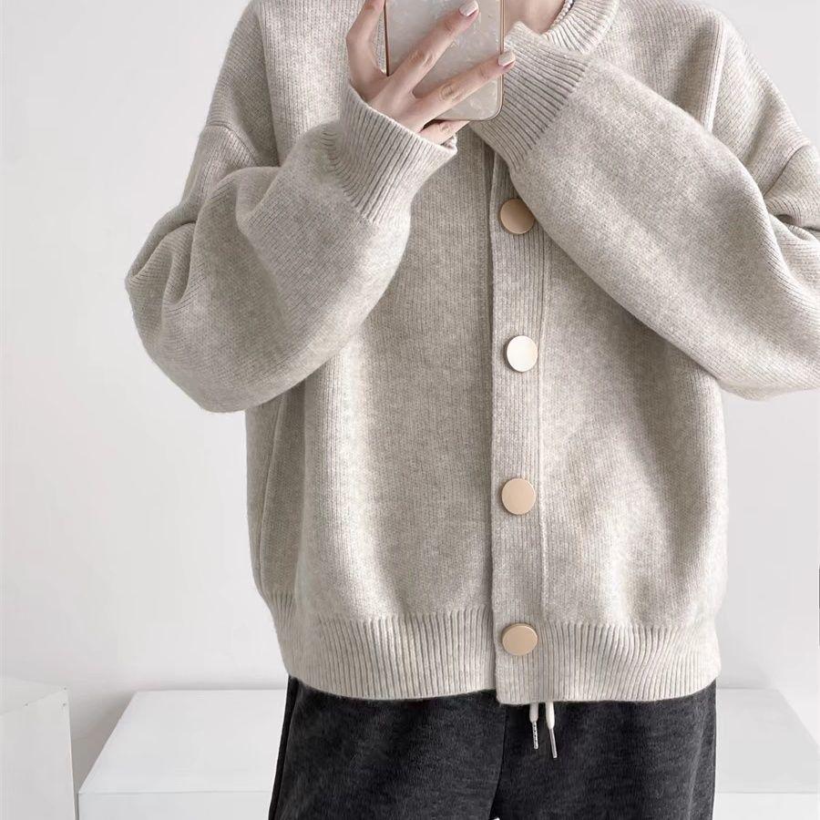 

2025 Spring Women s Knitted Cardigan - Single-Breasted, Solid Color, Loose Fit, Round Neck Sweater S (For 75-90 lbs)