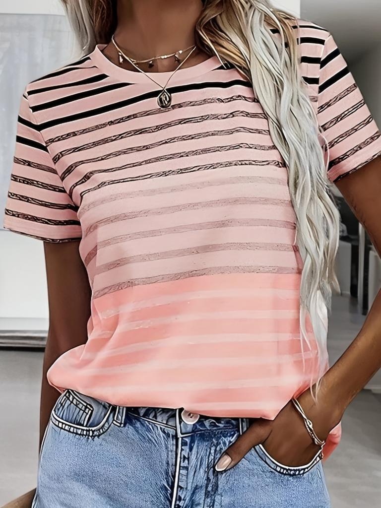 Women's T-shirt Casual Striped Print Short Sleeve Regular Top Round Neck Daily Short Sleeve T-Shirt