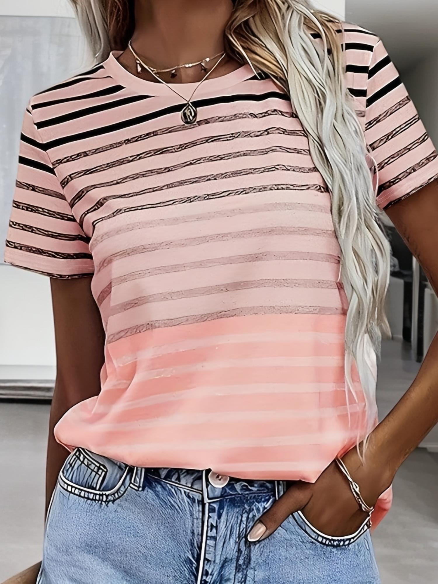 

Women s T-shirt Casual Striped Print Short Sleeve Regular Top Round Neck Daily Short Sleeve T-Shirt XXS