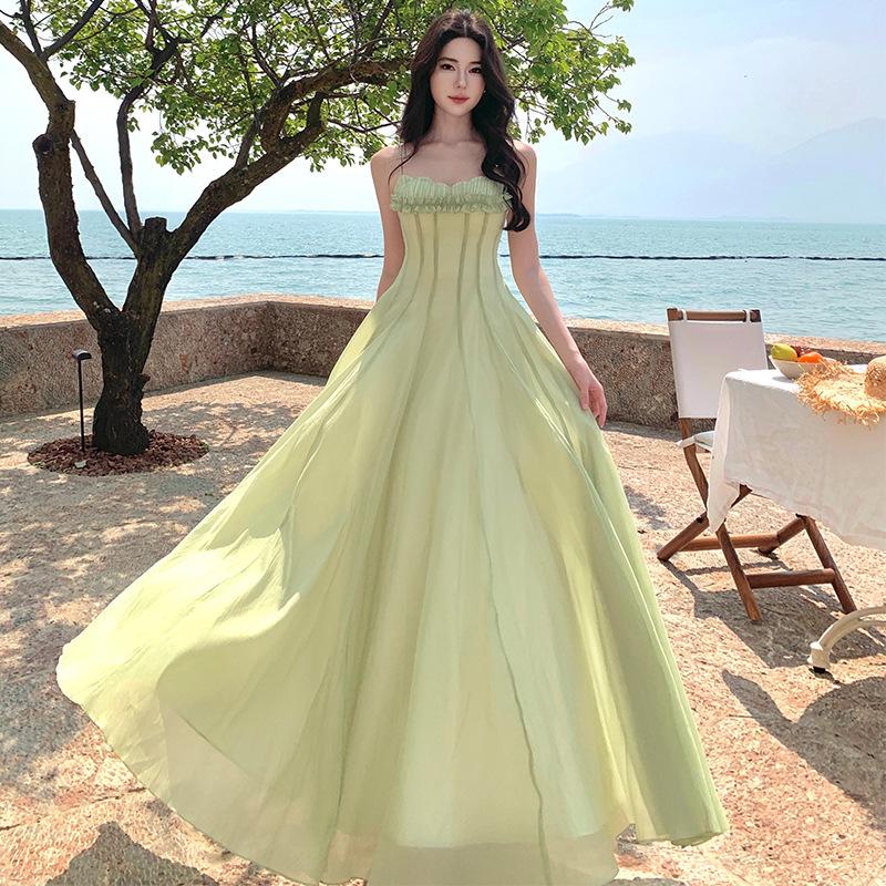Holiday style suspender dress women's 2026 spring new chiffon tube top long dress temperament skirt