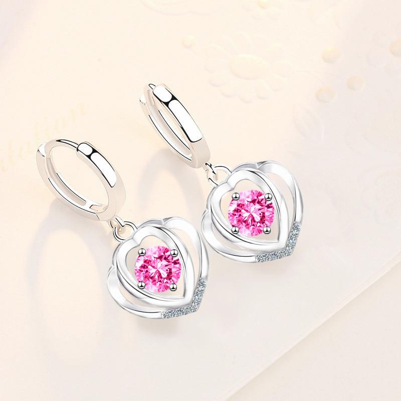 925 silver new women's fashion jewelry high quality blue pink crystal zircon simple heart-shaped earrings