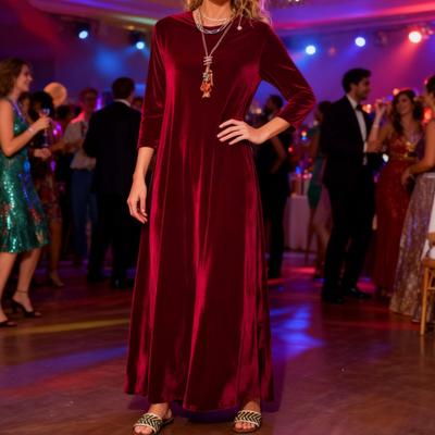 Vestido de Veludo Feminino Outono Casual Gola Redonda Manga Longa Vestido Maxi Solto Convidada de Casamento Coquetel Vestido de Noite