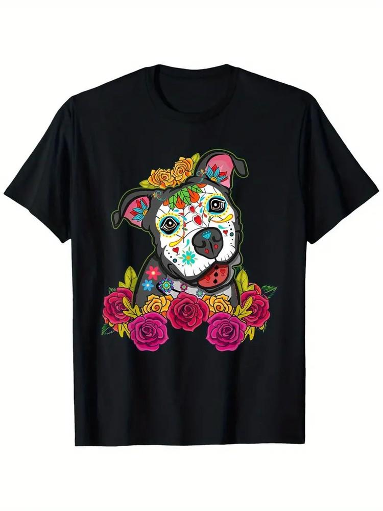 Cute Calavera PerroDia De Los Muertos Halloween Dog T-Shirt 180g breathable Unisex T-Shirt