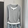 Plus Size Women's Two-Piece Look Long-Sleeve T-Shirt - Slimming European Style, Perfect for Spring/Autumn