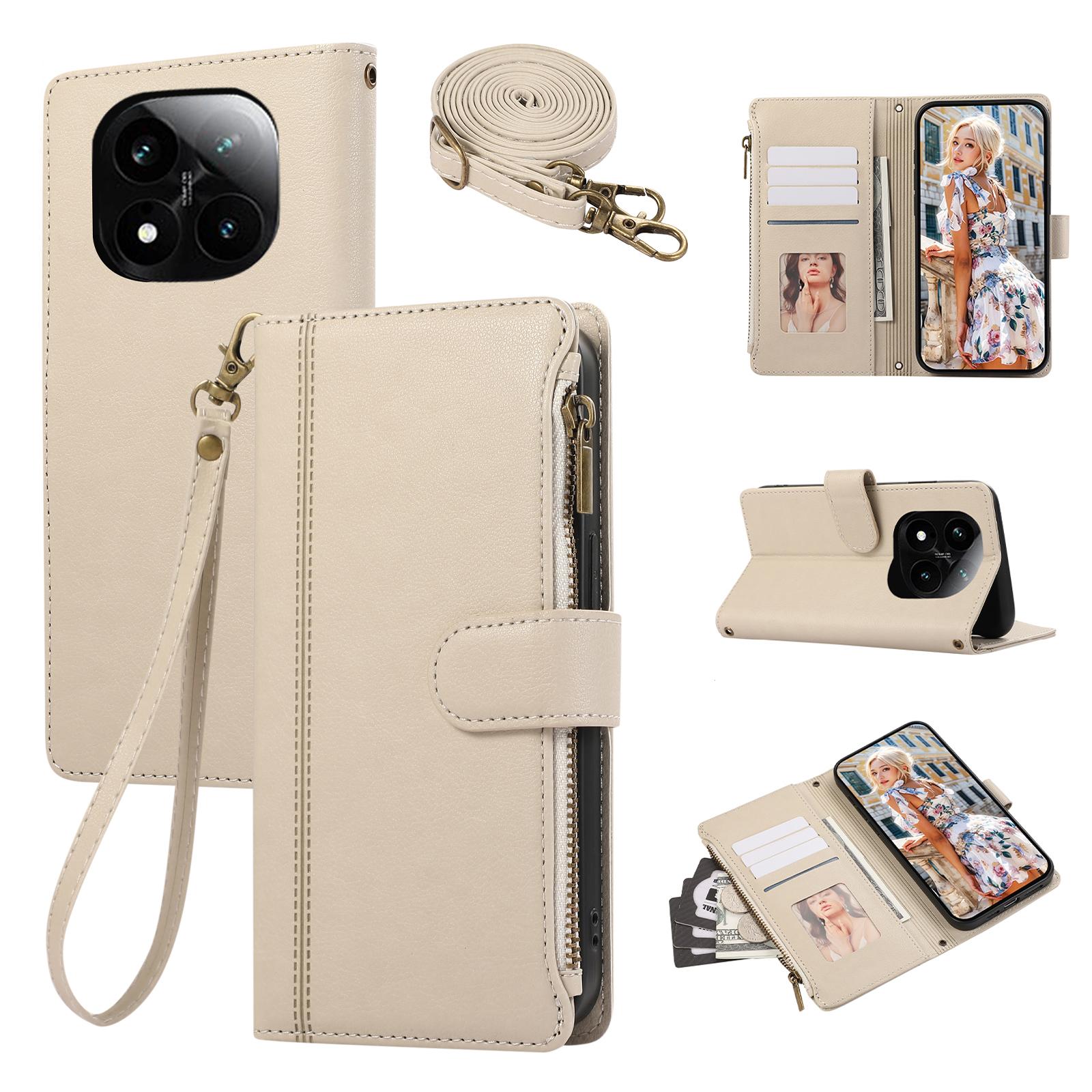 

For Xiaomi Redmi Note 14 Pro 4G Case Multi Card Slots Zipper Leather Phone Cover with Shoulder Strap/Wrist Strap Beige