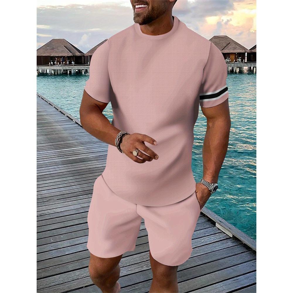 New Men's Hawaiian Two-Piece Set Beach Coconut Tree Print Crew Neck Short Sleeve Shirt Drawstring Shorts Casual Vacation Outfit