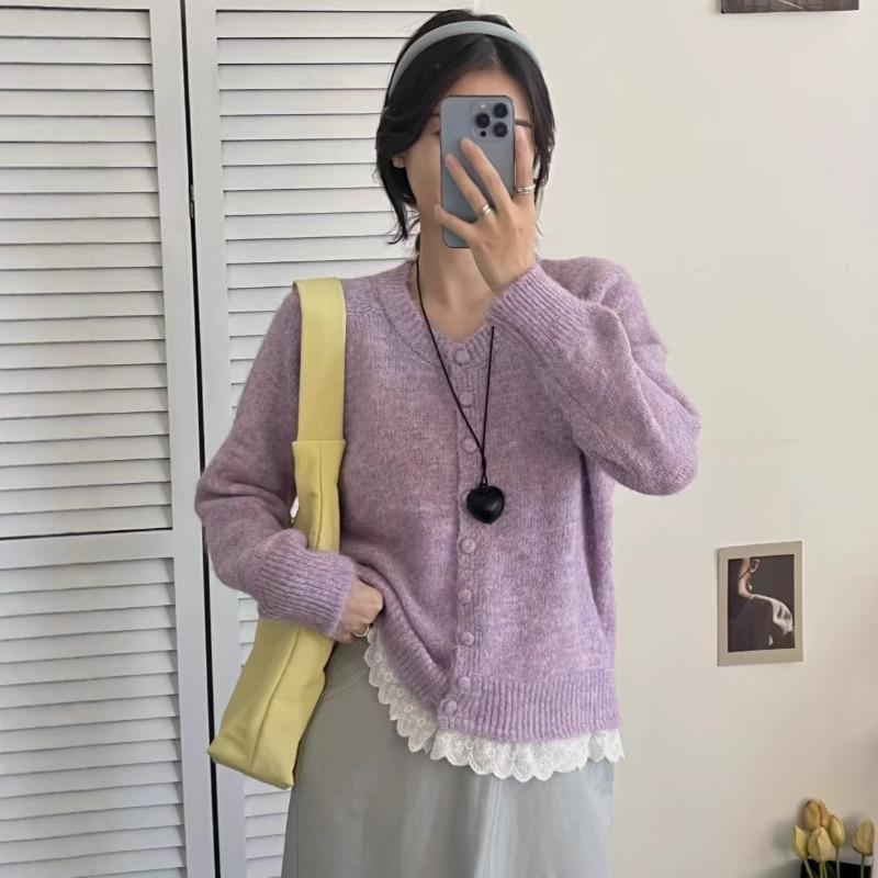 

Вязаный кардиган свободного кроя с сетчатыми вставками, с круглым вырезом, новый, мягкий, восковой, милый, нежный, ветрозащитный свитер-жакет для женщин, осень-зима one size fits all лавандовый