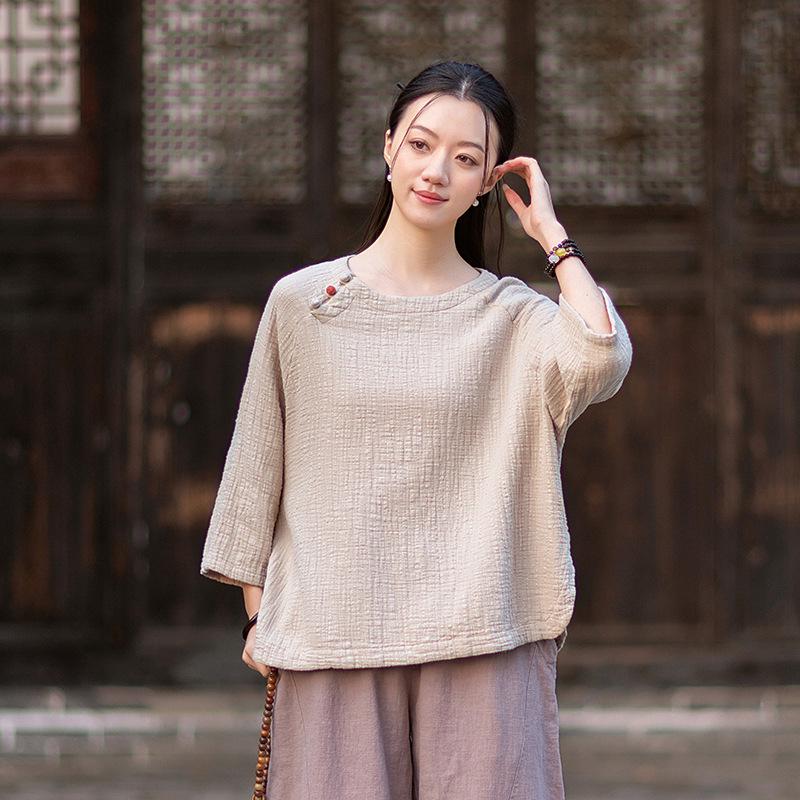 Spring Retro Artistic Cotton Linen Women s Color Block Frog Button Top Shirt One Size