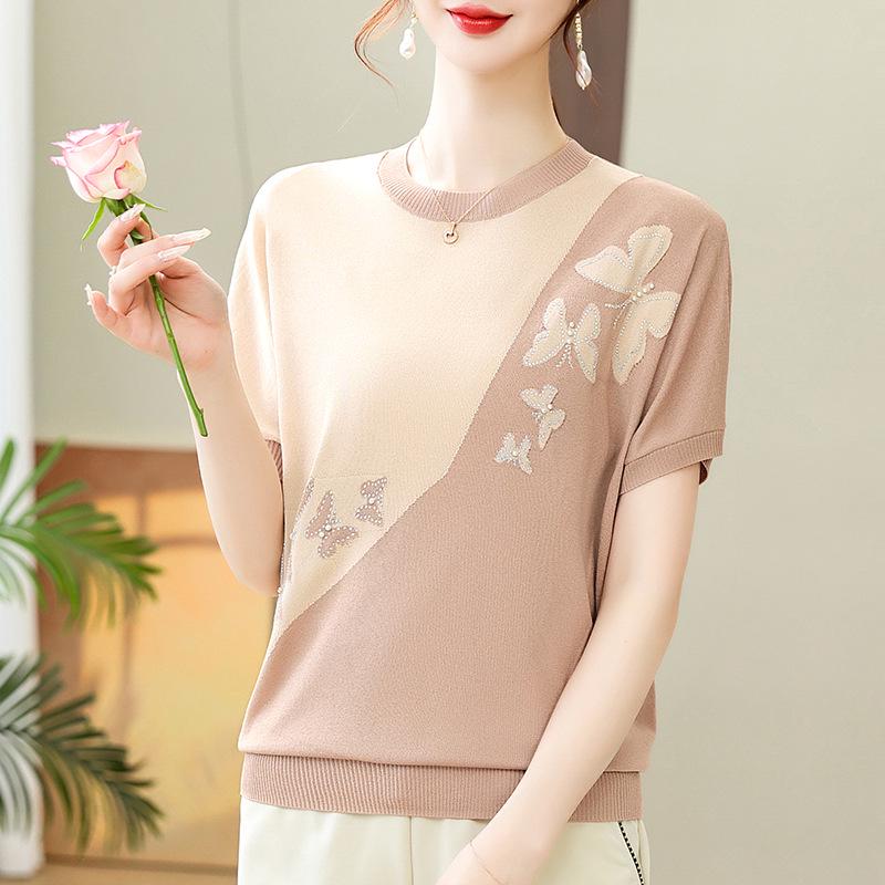 Summer Women's Knit Short-Sleeved Base Layer Top - Stylish for Young Moms & Middle-Aged Women