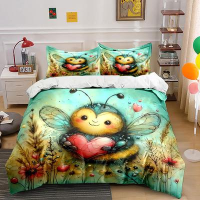 Cute Bee Illustration Home Decor Soft Comfortable Duvet Cover Bedding Set Included 1*Duvet Cover & 2*Pillowcases, Gift