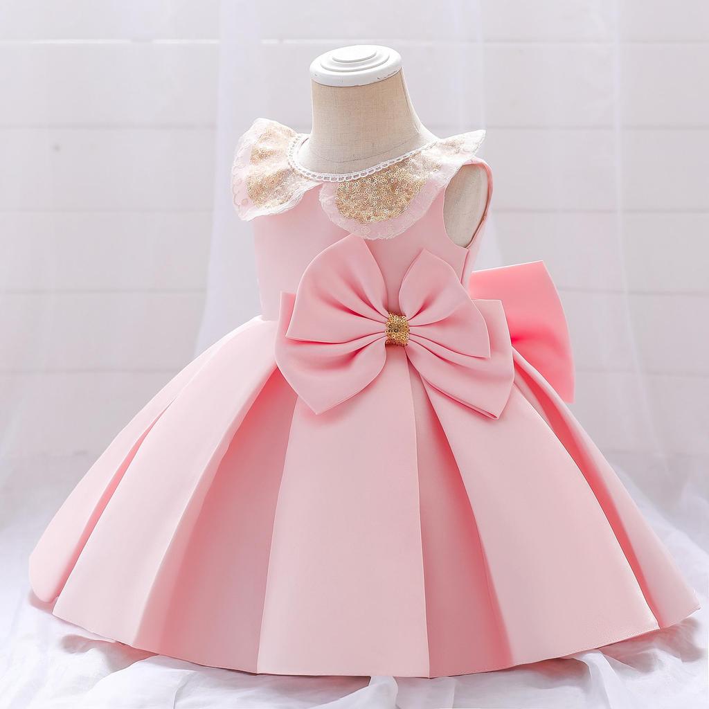 2025 Girls' Princess Formal Dress with Big Bow and Puffy Satin Skirt for Toddlers and Young Kids