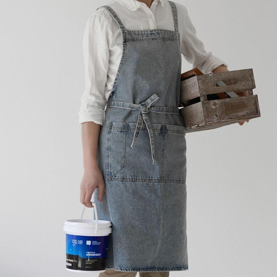 Vintage Oil-Proof Ladies Denim Apron Cleaning Washed Denim Advertising Apron Unisex Thicken Barber Work Clothes Home Kitchen