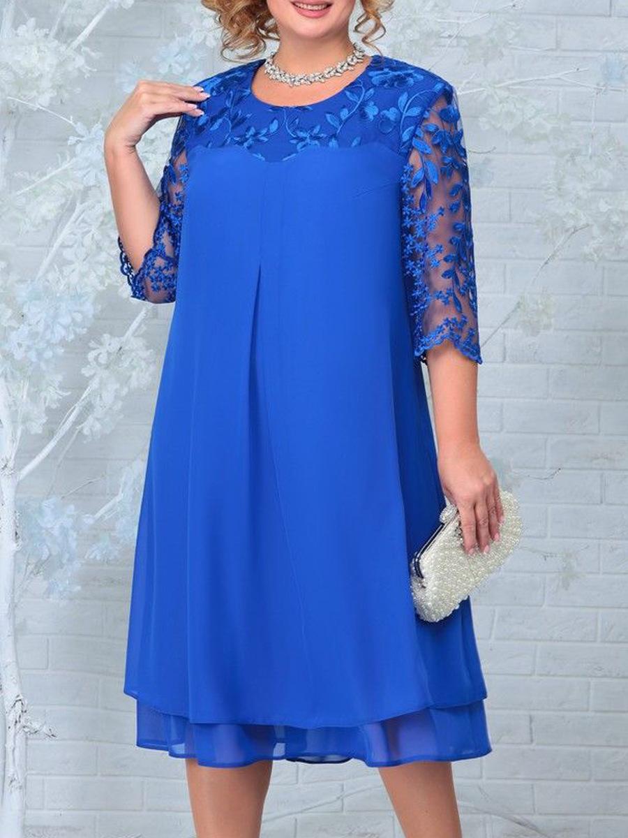 

Elegant Pink Lace Dress with Floral Embroidery, Knee-Length Summer Dress 4XL синій