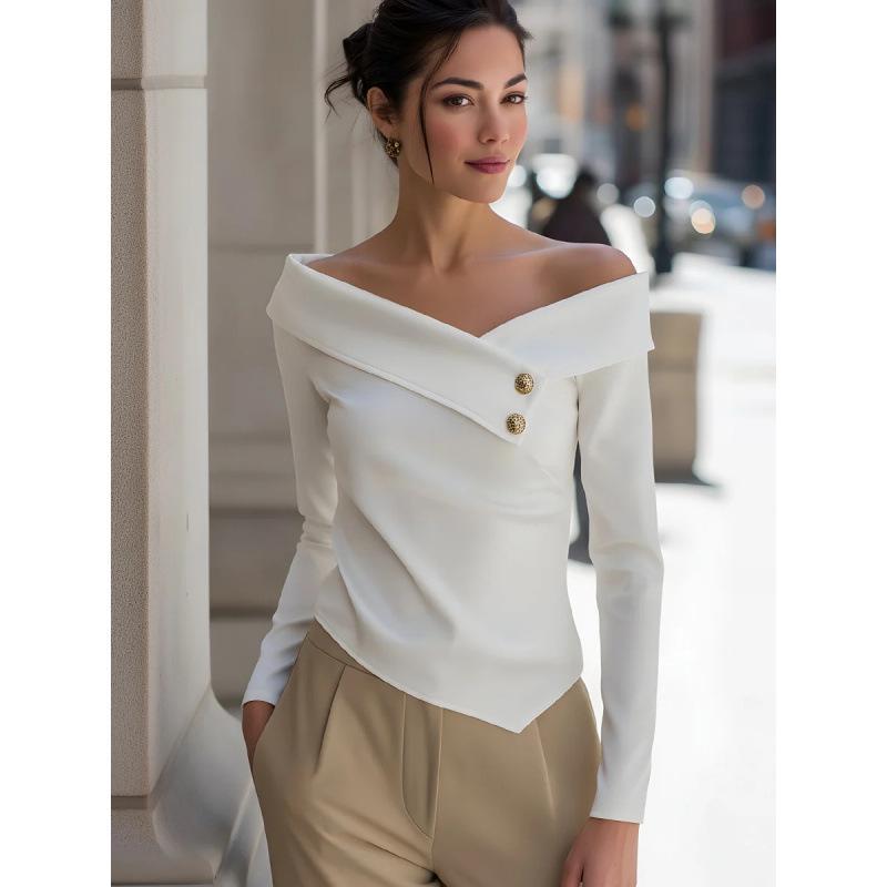 Autumn Elegant One-shoulder Long-sleeved Women s Shirt XL белый