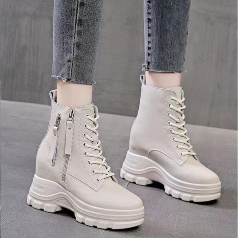 Fashion 2025 New 9cm Autumn Winter Warm Ankle Boots For Women Real Cowhide Solid Color Height Increasing Wedges Platform Short Boots