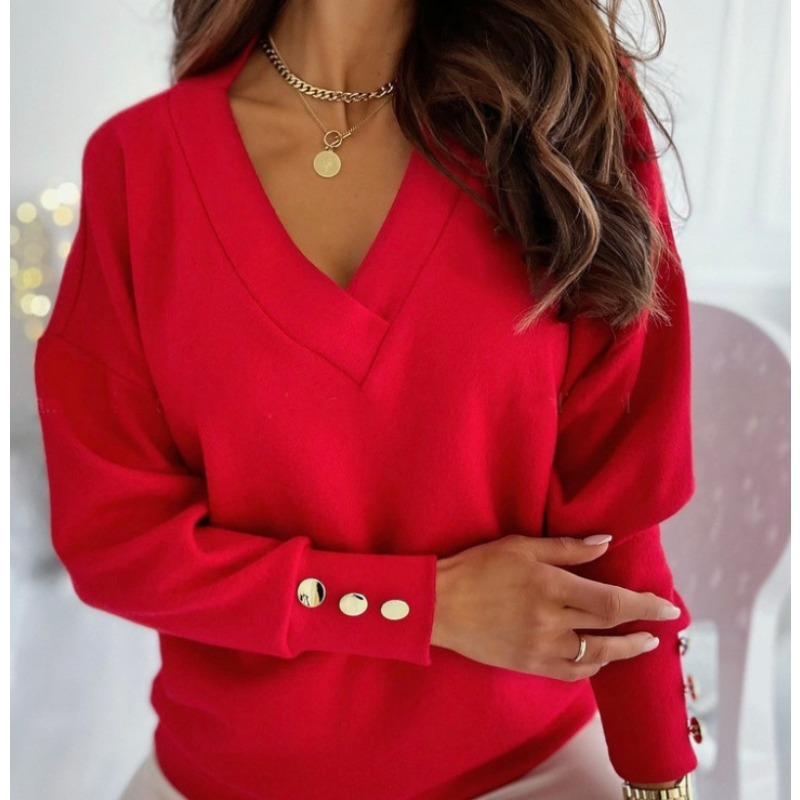 Fashion Knitted Women's Pure Soft Long-sleeved Knitted Women's Tops V-neck Pullover Office Women's Button Loose Casual Pullover Tops