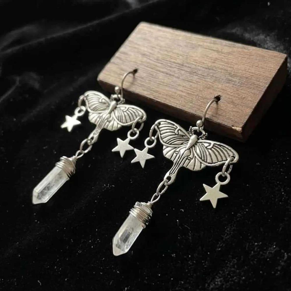 White Crystal Pendant Silver Color Star Tassel Carved Moth Dangle Earrings for Women Gothic Witchcraft Style Aesthetics Jewelry