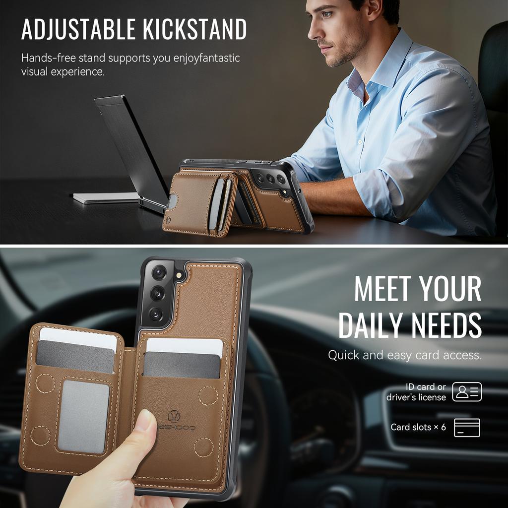 For Samsung Galaxy S22 5G Magnetic Case JEEHOOD J10 Leather Back Phone Cover with Detachable Card Holder Kickstand