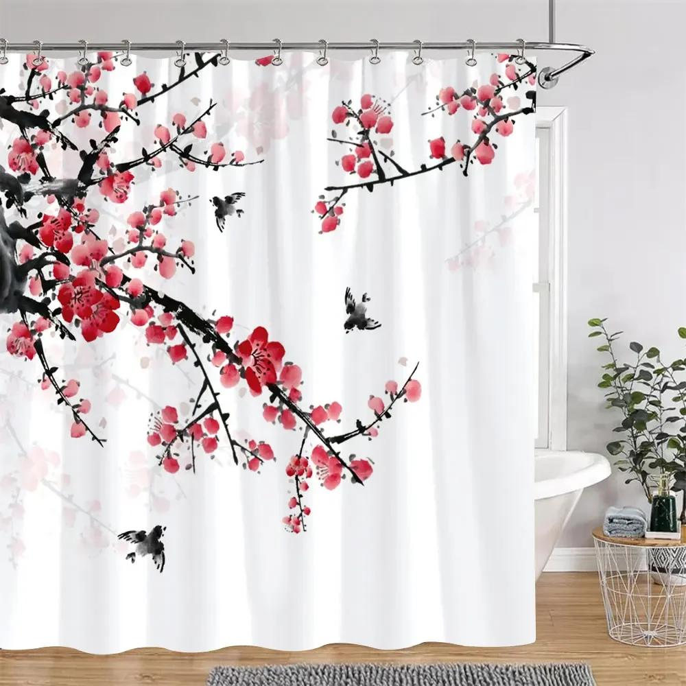 Chinese Japanese Cherry Blossom Ink Painting Shower Curtain Landscape Waves Art Creative Polyester Bath Curtains Bathroom Decor