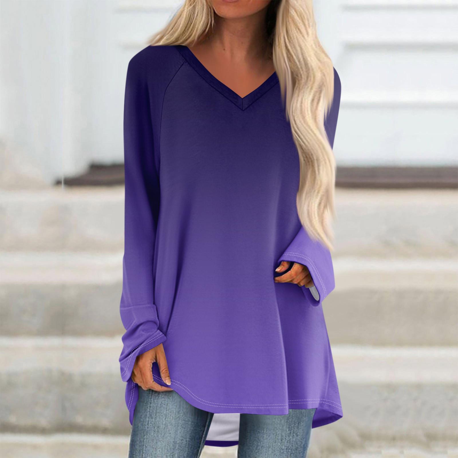 

Женская осенне-зимняя повседневная длинная свободная футболка с v-образным вырезом и длинными рукавами и принтом XXL фиолетовый