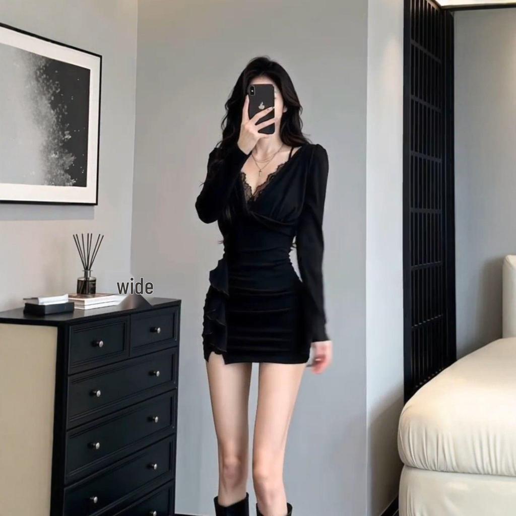 Pure Desire Lace Sexy Design Short Dress - Women's Autumn Winter Hip-Hugging Waist-Cinching Skirt