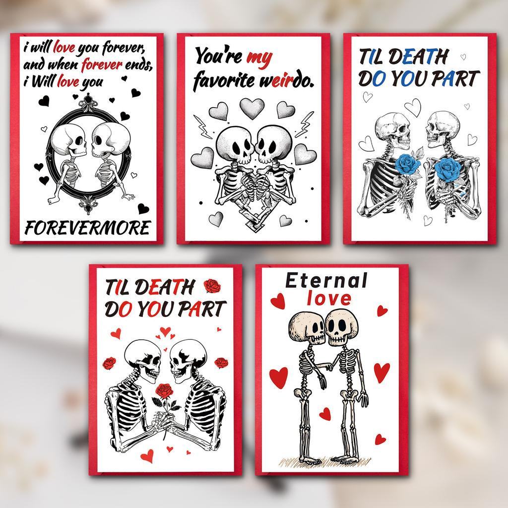 Gothic Skull Valentine's Day Cards - 10pcs "Til Death" Romantic Gothic Stationery Set with Red Envelopes, Dark Love Theme Gift