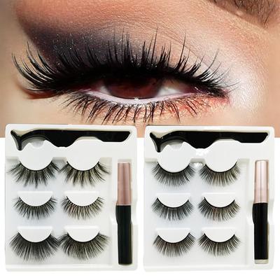 3 Pairs Magnetic Eyelashes 3D Mink Eyelashes Makeup Magnetic Lashes Eyeliner Tweezers Set Natural False Lashes Short Faux Cils