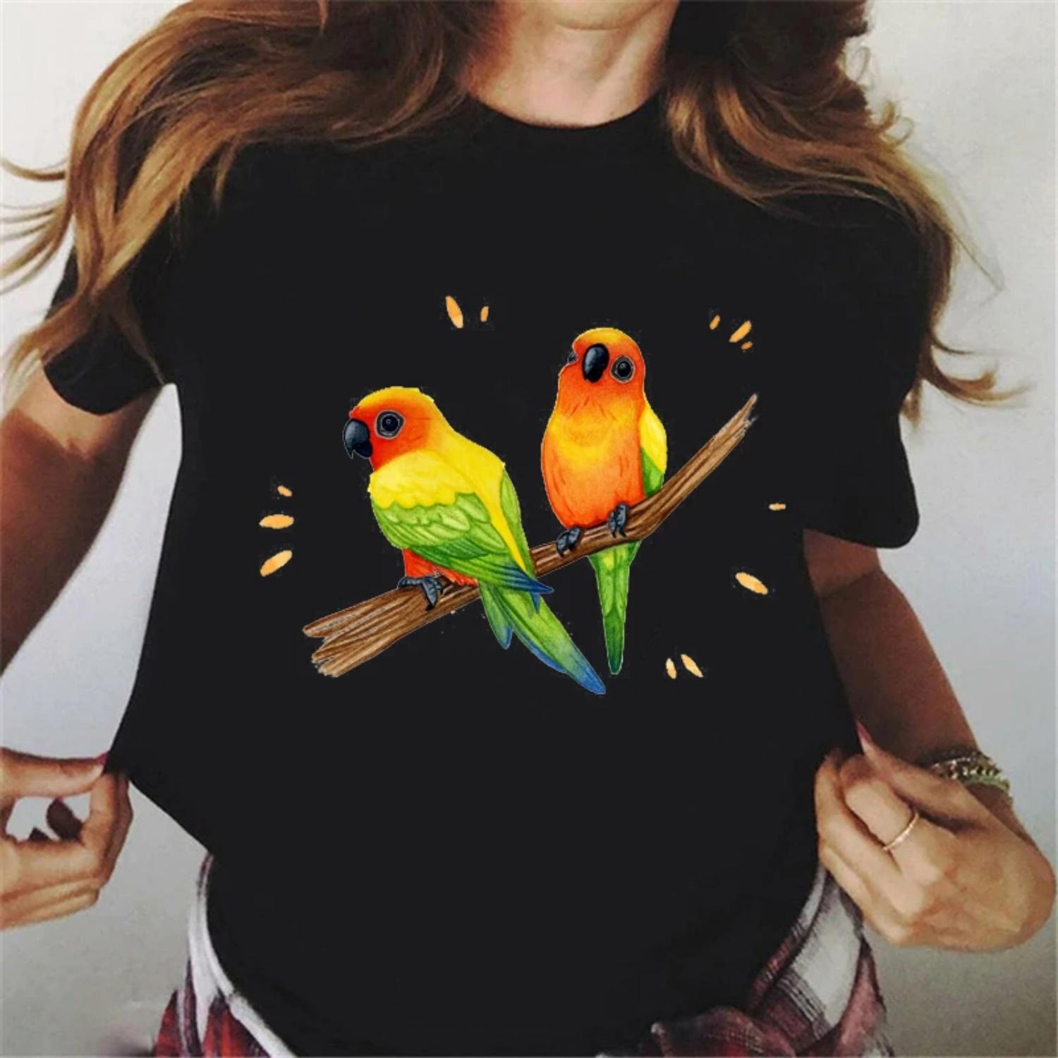 

Women Tshirt 2024 Watercolor Cockatiel Parrot Print Tee Shirt Femme Rainbow Birds T- Shirt Streetwear Summer Top Black T Shirt S чёрный
