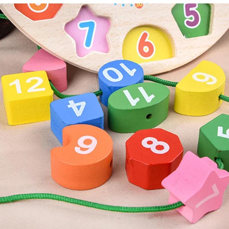 Montessori Wooden Clock Puzzle Cartoon Animal Tangram Cognitive Digital Clock Kids Early Educational Threading Assembly Toys