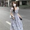 Large Size Women's Clothing Gentle Wind French Floral Super Fairy Coffee Break Dress Summer Square Collar Ink Printing Long Skirt