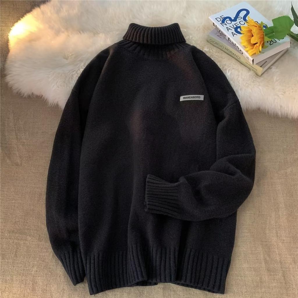 American Turtleneck Sweater Men's Autumn and Winter Thickened Loose Lazy Style High-end Knitted Sweater Japanese Retro Warm Interior