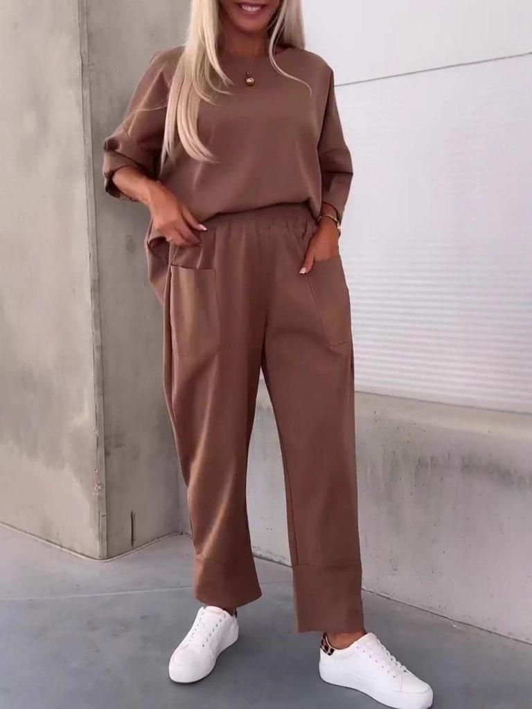2025 European & American Women's Autumn Two-Piece Set: Casual Loose Solid Color Crew Neck Top & Nine-Point Pants